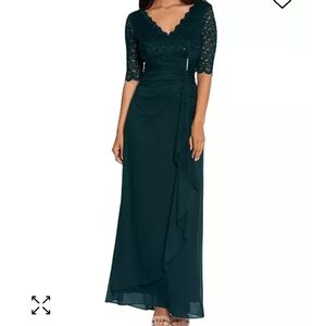 Betsy & Adam Women's Lace-Top Waterfall-Detail Gown Size 14 NWT Pine